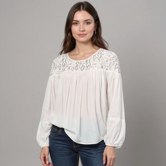 SUNDANCE Blouse Top Mystic Moonrise White Lace Peasant Boho Long Sleeve Sz Large - Picture 1 of 12